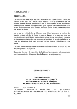 110
N. ESTUDIANTES: 35
OBSERVACIÓN:
Los estudiantes del colegio Nicolás Esquerra inician con la primera actividad
que va de las 7:00 pm , llama a lista, indicado todo el cronograma que va
realizar durante la clase evidenciando que la gran mayoría de los estudiantes
forman grupos de tres o dos personas y en algunos casos hay personas que
están individualmente en la primera actividad, tienen apatía para trabajar con
los demás alumnos.
Ya no es tan evidente los problemas, para ubicar los grupos o equipos de
trabajo, ya que asimilan la forma en que se dividen y se asignan, pero les
cuesta compartir actividades, evidenciando, comentarios, expresiones verbales
y miradas sostenidas en los que perjudican el resultado de la actividad y llevan a
cabo las relaciones entre ellos en busca de una mejoría y fortalecer su vida
social.
De todas formas se destacan la actitud de varios estudiantes en busca de una
mejor respuesta a nivel grupal.
Buscando siempre la necesidad de fortalecer las relaciones interpersonales
entre los estudiantes del colegio Nicolás Esquerra jornada nocturna.
DIARIO DE CAMPO 5
UNIVERSIDAD LIBRE
FACULTAD CIENCIAS DELA EDUCACIÓN
DEPARTAMENTO DE EDUCACIÓN FÍSICA
FICHA DE OBSERVACIÓN DE EDUCACIÓN FÍSICA
TEMA: COOPERACIÓN
OBJETIVOS: IDENTIFICAR PROBLEMAS DE RELACIONES
INTERPERSONALES DE PROXIMIDAD Y/O CONTACTO FISICO EN EL
ALUMNO .
 