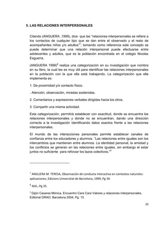 20
5. LAS RELACIONES INTERPERSONALES
Citando (ANGUERA ,1999), dice que las “relaciones interpersonales se refiere a
los contactos de cualquier tipo que se dan entre el observado y el resto de
acompañantes niños y/o adultos”7
; tomando como referencia este concepto se
puede determinar que una relación interpersonal puede efectuarse entre
adolecentes y adultos, que es la población encontrada en el colegio Nicolas
Esguerra.
(ANGUERA 1999)8
realiza una categorización en su investigación que nombra
en su libro, la cual les es muy útil para identificar las relaciones interpersonales
en la población con la que ella está trabajando. La categorización que ella
implementa es:
1. De proximidad y/o contacto físico.
. Atención, observación, miradas sostenidas.
2. Comentarios y expresiones verbales dirigidas hacia los otros.
3. Compartir una misma actividad.
Esta categorización, permitirá establecer con exactitud, donde se encuentra las
relaciones interpersonales y donde no se encuentran, dando una dirección
correcta a la investigación identificando datos exactos frente a las relaciones
interpersonales.
El mundo de las interacciones personales permite establecer canales de
confianza entre los educadores y alumnos. “Las relaciones entre iguales son los
intercambios que mantienen entre alumnos. La identidad personal, la amistad y
los conflictos se generan en las relaciones entre iguales, sin embargo el estar
juntos no suficiente para reforzar los lazos colectivos.”9
7
ANGUERA M. TERESA, Observación de conducta interactiva en contextos naturales:
aplicaciones, Edicions Universitat de Barcelona, 1999, Pg 34.
8
Ibíd., Pg 35.
9
Gijón Casares Mónica, Encuentro Cara Cara Valores y relaciones interpersonales,
Editorial GRAO, Barcelona 2004, Pg. 15
 