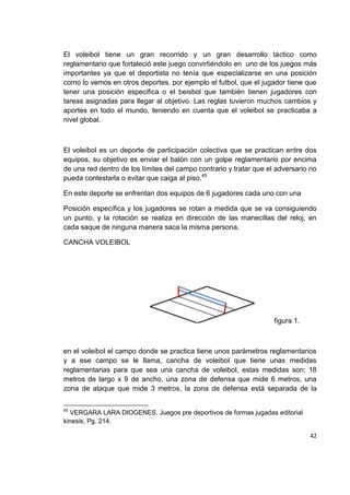 42
El voleibol tiene un gran recorrido y un gran desarrollo táctico como
reglamentario que fortaleció este juego convirtiéndolo en uno de los juegos más
importantes ya que el deportista no tenía que especializarse en una posición
como lo vemos en otros deportes, por ejemplo el futbol, que el jugador tiene que
tener una posición especifica o el beisbol que también tienen jugadores con
tareas asignadas para llegar al objetivo. Las reglas tuvieron muchos cambios y
aportes en todo el mundo, teniendo en cuenta que el voleibol se practicaba a
nivel global.
El voleibol es un deporte de participación colectiva que se practican entre dos
equipos, su objetivo es enviar el balón con un golpe reglamentario por encima
de una red dentro de los límites del campo contrario y tratar que el adversario no
pueda contestarla o evitar que caiga al piso.45
En este deporte se enfrentan dos equipos de 6 jugadores cada uno con una
Posición específica y los jugadores se rotan a medida que se va consiguiendo
un punto, y la rotación se realiza en dirección de las manecillas del reloj, en
cada saque de ninguna manera saca la misma persona.
CANCHA VOLEIBOL
figura 1.
en el voleibol el campo donde se practica tiene unos parámetros reglamentarios
y a ese campo se le llama, cancha de voleibol que tiene unas medidas
reglamentarias para que sea una cancha de voleibol, estas medidas son; 18
metros de largo x 9 de ancho, una zona de defensa que mide 6 metros, una
zona de ataque que mide 3 metros, la zona de defensa está separada de la
45
VERGARA LARA DIOGENES, Juegos pre deportivos de formas jugadas editorial
kinesis, Pg. 214.
 