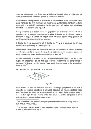 43
zona de ataque por una línea que se le llama línea de ataque y la zona de
ataque termina con una línea que se le llama línea central.
Encontramos unos postes a la medida de la línea central, estos tienen una altura
para hombres de 2,44 metros y las mujeres de 2,24 metros, también se tiene
una malla que mide 80 centímetros de alto y de largo 9,5 metros y va situada en
la mitad de la cancha. (Ver figura 1)
Las posiciones que deben tener los jugadores al comienzo de un set en la
cancha, o en la posición que este nombrada e indicada por el número I hasta el
número VI según el orden del saque, antes de cada jugada los jugadores de
ambos equipos deben ocupar su posición:
I detrás del II y a la derecha VI, V detrás del IV y a la izquierda de VI, esté
detrás del III y entre I y V. ( Ver Figura 2)
Después de cada saque se anula esta posición por motivo que se van rotando y
en el momento de la jugada los jugadores podrán asumir cualquier posición y
entender las diferentes problemáticas de cada posición.46
Lo que distingue el voleibol de los demás deportes de equipo es, en primer
lugar, la presencia de la red que separa físicamente a compañeros y
adversarios, lo que permite que no haya contacto sistemático entre atacantes y
defensores.47
ROTACION EN LA CANCHA DE VOLEIBOL
figura 2.
Esta es una de las características más importantes ya que podemos ver, que el
deporte del voleibol contribuye a un juego colectivo sin ningún contacto físico
esto hace que los alumnos o los adversarios, no creen discordia entre ellos, ni
se puedan agredir así mismo entre los equipos, están obligados a crear
estrategias por medio de la comunicación.
46
HESSING WALTER, Voleibol para principiantes entrenamiento técnica y táctica,
EDITORIAL PAIDOTRIBO.
47
DIOGENES VERGARA LARA, Juegos pre deportivos y formas jugadas, Editorial
KINESIS, Tercera edición, Pg. 213.
 