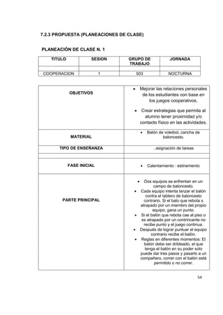 54
7.2.3 PROPUESTA (PLANEACIONES DE CLASE)
PLANEACIÓN DE CLASE N. 1
TITULO SESION GRUPO DE
TRABAJO
JORNADA
COOPERACION 1 503 NOCTURNA
OBJETIVOS
Mejorar las relaciones personales
de los estudiantes con base en
los juegos cooperativos.
Crear estrategias que permita al
alumno tener proximidad y/o
contacto físico en las actividades.
MATERIAL
Balón de voleibol, cancha de
baloncesto.
TIPO DE ENSEÑANZA . asignación de tareas
FASE INICIAL Calentamiento : estiramiento
PARTE PRINCIPAL
Dos equipos se enfrentan en un
campo de baloncesto.
Cada equipo intenta lanzar el balón
contra el tablero de baloncesto
contrario. Si el balo que rebota s
atrapado por un miembro del propio
equipo, gana un punto.
Si el balón que rebota cae al piso o
es atrapado por un contrincante no
recibe punto y el juego continua.
Después de lograr puntuar el equipo
contrario recibe el balón.
Reglas en diferentes momentos: El
balón debe ser dribleado, el que
tenga el balón en su poder solo
puede dar tres pasos y pasarlo a un
compañero, correr con el balón está
permitido o no correr.
 