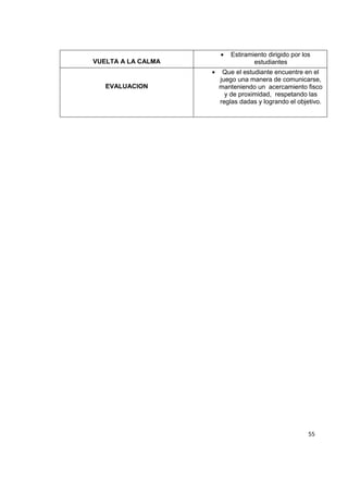 55
VUELTA A LA CALMA
Estiramiento dirigido por los
estudiantes
EVALUACION
Que el estudiante encuentre en el
juego una manera de comunicarse,
manteniendo un acercamiento fisco
y de proximidad, respetando las
reglas dadas y logrando el objetivo.
 