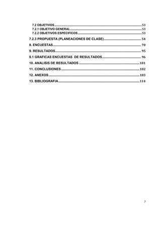 7
7.2 OBJETIVOS................................................................................................................................53
7.2.1 OBJETIVO GENERAL.........................................................................................................53
7.2.2 OBJETIVOS ESPECIFICOS..............................................................................................53
7.2.3 PROPUESTA (PLANEACIONES DE CLASE).................................................. 54
8. ENCUESTAS...................................................................................................................... 70
9. RESULTADOS................................................................................................................... 95
9.1 GRAFICAS ENCUESTAS DE RESULTADOS.................................................... 96
10. ANALISIS DE RESULTADOS .................................................................................101
11. CONCLUSIONES.........................................................................................................102
12. ANEXOS..........................................................................................................................103
13. BIBLIOGRAFIA.............................................................................................................114
 