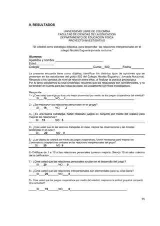 95
9. RESULTADOS
UNIVERSIDAD LIBRE DE COLOMBIA
FACULTAD DE CIENCIAS DE LA EDUCACION
DEPARTAMENTO DE EDUCACION FISICA
PROYECTO INVESTIGATIVO
“El voleibol como estrategia didáctica, para desarrollar las relaciones interpersonales en el
colegio Nicolás Esguerra jornada nocturna.”
Alumnos
Apellidos y nombre _____________________________
Edad___________
Colegio_________________________________Curso__503________Fecha________
La presente encuesta tiene como objetivo, identificar los distintos tipos de opiniones que se
presentan en los estudiantes del grado 503 del Colegio Nicolás Esguerra ( Jornada Nocturna).
Respecto a los cambios de nivel de relación entre ellos, al finalizar la practica pedagógica.
Por lo tanto solicitamos su total sinceridad, recuerde que las respuestas son confidenciales, y no
se tendrán en cuenta para las notas de clase, es únicamente con fines investigativos.
Responde:
1.- ¿Cree usted que el grupo tuvo una mejor proximidad por medio de los juegos cooperativos del voleibol?
_____SI___19______NO___1______________________________________________
2.- ¿Se mejoraron las relaciones personales en el grupo?
_____SI___18______NO____2_____________________________________________
3.- ¿Es una buena estrategia, haber realizado juegos en conjunto por medio del voleibol para
mejorar las relaciones?
SI 15 NO 5
4.- ¿Cree usted que en las sesiones trabajadas en clase, mejorar las observaciones y las miradas
Sostenidas en el curso?
SI 20 NO 0
5.- ¿Las clases de voleibol por medio de juegos cooperativos, fueron necesarias para mejorar los
Comentarios y expresiones verbales en las relaciones interpersonales del grupo?
SI 20 NO 0
6.-Califique de 1 a 10 si las relaciones personales tuvieron mejoría, Siendo 10 el valor máximo
de la calificacion._______________________________________________________________
7.- ¿Cree usted que las relaciones personales ayudan en el desarrollo del juego?
_____SI___20________NO___0____________________________________________
8.- ¿Cree usted que las relaciones interpersonales son elementales para su vida diaria?
_____SI____20_______NO____0___________________________________________
9.- Cree usted que los juegos cooperativos por medio del voleibol, mejoraron la actitud grupal al compartir
Una actividad?
_____SI____19_______NO____0______________________________________
 