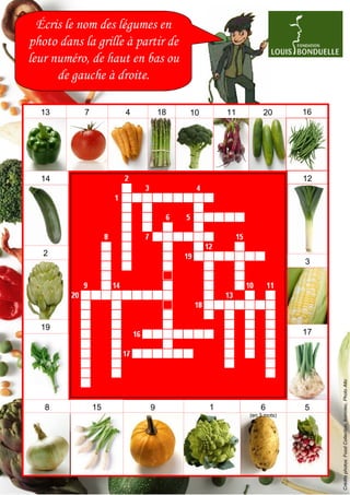 Écris le nom des légumes en
photo dans la grille à partir de
leur numéro, de haut en bas ou
      de gauche à droite.

  13        7        4        18   10       11        20       16




  14                                                           12




   2
                                                               3




  19
                                                               17
                                                                    Crédits photos: Food Collection, Iconotec, Photo Alto




   8            15        9             1            6         5
                                                 (en 3 mots)
 