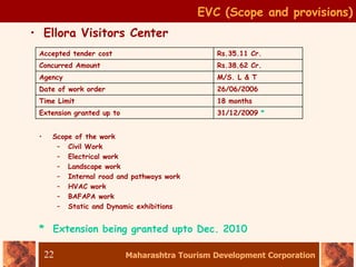 Maharashtra Tourism Development Corporation
22
EVC (Scope and provisions)
• Ellora Visitors Center
Accepted tender cost Rs.35.11 Cr.
Concurred Amount Rs.38.62 Cr.
Agency M/S. L & T
Date of work order 26/06/2006
Time Limit 18 months
Extension granted up to 31/12/2009 *
• Scope of the work
– Civil Work
– Electrical work
– Landscape work
– Internal road and pathways work
– HVAC work
– BAFAPA work
– Static and Dynamic exhibitions
* Extension being granted upto Dec. 2010
 