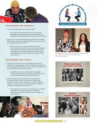 ALLEZ AU-DELÀ DES PRÉJUGÉS !
Commentaires des « lecteurs »
«	 Très utile à la population car ça ouvre l’esprit. »

      «	 En tant que future intervenante, j’ai pu comprendre
         davantage comment les proches vivent l’annonce d’un
         diagnostic de santé mentale d’un membre de leur famille. »

«	 À long terme, ce genre d’événement pourrait faire une grande
   différence par rapport à la stigmatisation envers les gens ayant
   des problèmes de santé mentale. »

      «	 Nous sommes très reconnaissants des personnes
         qui ont accepté d’être des livres vivants. Je peux imaginer
         la quantité de travail que tout cela a dû exiger et je tire
         mon chapeau à toute votre équipe et à ceux qui étaient
         impliqués de près ou de loin pour faire de cette journée                  Linda Fortier, codirectrice des services cliniques, Dre Marie-Ève Cotton,
         un tel succès. »                                                          notre conférencière invitée, psychiatre au Programme
                                                                                   des troubles psychotiques.


Commentaires des « livres »
«	 Partager mon expérience avec des étudiantes qui veulent                                             Cinéma et maladie mentale:
   parfaire leurs connaissances a été très valorisant. C’est bien de
   savoir que les périodes difficiles que j’ai vécues auront peut-être
                                                                                                      pour le meilleur et pour le pire
   servi à quelqu’un dans son futur métier. »

      «	 Tranquillement, par de petits gestes ou de grandes
         activités comme celle-ci, je crois que nous faisons des pas
         vers la déstigmatisation de la maladie mentale. »

«	 Mes félicitations pour le déroulement de la journée du
   10 octobre dernier et pour m’avoir donné l’opportunité
   d’apporter du mien, afin de rapprocher l’usager de quelques
                                                                                                                       Marie-Eve Cotton, MD, FRCPC
   citoyens : cela fait partie de ma contribution pour créer une                                     Psychiatre, Hôpital Louis-H. Lafontaine et Centre de Santé Tulattavik de l’Ungava
                                                                                                        Professeur adjoint de clinique, Faculté de Médecine, Université de Montréal

   société plus empathique aux différences. »

      «	 Votre regard, votre écoute et vos questions ont contribué
         grandement à la reconstruction de ma confiance
         engloutie dans l’ombre d’un désert par la maladie et la
         stigmatisation. »                                                                                                   Caricature
                                                                                                         Caractéristiques physiques




                                                                                           One Flew Over the Cuckoo’s Nest (v.f. Vol au-dessus d’un nid de coucou)
                                                                                                                   Milos Forman, 1975




                                                     MOTS D’ESPRIT DÉCEMBRE 12 • VOL.03 NO.02         07
 