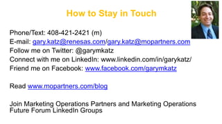 How to Stay in Touch
Phone/Text: 408-421-2421 (m)
E-mail: gary.katz@renesas.com/gary.katz@mopartners.com
Follow me on Twitter: @garymkatz
Connect with me on LinkedIn: www.linkedin.com/in/garykatz/
Friend me on Facebook: www.facebook.com/garymkatz
Read www.mopartners.com/blog
Join Marketing Operations Partners and Marketing Operations
Future Forum LinkedIn Groups
 