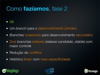 Como fazíamos, fase 2

 Git
 Um branch para o desenvolvimento primário
 Branches ocasionais para desenvolvimento secundário
 Dois branches estáveis (release candidate, stable) com
 maior controle
 Redução de conﬂitos
 Histórico linear com mais especiﬁcidade
 