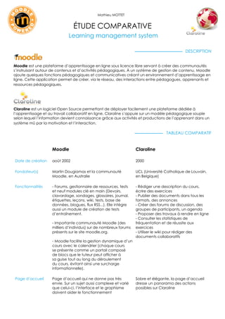 Mathieu MOTTET


                                étude comparative
                             Learning management system

                                                                                              DESCRIPTION


Moodle est une plateforme d’apprentissage en ligne sous licence libre servant à créer des communautés
s’instruisant autour de contenus et d’activités pédagogiques. À un système de gestion de contenu, Moodle
ajoute quelques fonctions pédagogiques et communicatives créant un environnement d’apprentissage en
ligne. Cette application permet de créer, via le réseau, des interactions entre pédagogues, apprenants et
ressources pédagogiques.




Claroline est un logiciel Open Source permettant de déployer facilement une plateforme dédiée à
l’apprentissage et au travail collaboratif en ligne. Claroline s’appuie sur un modèle pédagogique souple
selon lequel l’information devient connaissance grâce aux activités et productions de l’apprenant dans un
système mû par la motivation et l’interaction.

                                                                                   Tableau comparatif


                    Moodle                                         Claroline

Date de création    août 2002                                      2000

Fondateur(s)        Martin Dougiamas et la communauté              UCL (Université Catholique de Louvain,
                    Moodle, en Australie                           en Belgique)

Fonctionnalités     - Forums, gestionnaire de ressources, tests    - Rédiger une description du cours,
                    et neuf modules clé en main (Devoirs,          écrire des exercices
                    clavardage, sondages, glossaires, journal,     - Publier des documents dans tous les
                    étiquettes, leçons, wiki, tests, base de       formats, des annonces
                    données, blogues, flux RSS...). Elle intègre   - Créer des forums de discussion, des
                    aussi un module de création de tests           groupes de participants, un agenda
                    d’entraînement.                                - Proposer des travaux à rendre en ligne
                                                                   - Consulter les statistiques de
                    - Importante communauté Moodle (des            fréquentation et de réussite aux
                    milliers d’individus) sur de nombreux forums   exercices
                    présents sur le site moodle.org.               - Utiliser le wiki pour rédiger des
                                                                   documents collaboratifs
                    - Moodle facilite la gestion dynamique d’un
                    cours avec le calendrier (chaque cours
                    se présente comme un portail composé
                    de blocs que le tuteur peut afficher à
                    sa guise tout au long du déroulement
                    du cours, évitant ainsi une surcharge
                    informationnelle).

Page d’accueil      Page d’accueil qui ne donne pas très           Sobre et élégante, la page d’accueil
                    envie. Sur un sujet aussi complexe et varié    dresse un panorama des actions
                    que celui-ci, l’interface et le graphisme      possibles sur Claroline
                    doivent aider le fonctionnement
 