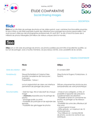 Mathieu MOTTET


                                 ÉTUDE COMPARATIVE
                                      Social Sharing Images

                                                                                                       DESCRIPTION



Flickr est un site Web de partage de photos et de vidéos gratuit, avec certaines fonctionnalités payantes.
En plus d’être un site Web populaire auprès des utilisateurs pour partager leurs photos personnelles, il est
aussi souvent utilisé par des photographes professionnels. En août 2011, le site a franchi la barre des 6
milliards de photos hébergées (54 millions de visiteurs uniques dans le monde).




500px est un site web de partage de photos. Les photos publiées peuvent être d’excellentes qualités. Le
but est de partager, avec d’autres membres, ses plus beaux clichés, avec possibilité de les vendre.




                                                                                           TABLEAU COMPARATIF


                     Flickr                                             500px

Date de création     2002                                               31 octobre 2009

Fondateur(s)         Stewart Butterfield et Caterina Fake               Oleg Gutsol et Evgeny Tchebotarev, à
                     (société canadienne de Vancouver :                 Toronto
                     Ludicorp).
                     Propriétaire : Yahoo !

Principe             Le but originel était de créer une interface       Diffuser uniquement les photos les plus
                     permettant de partager des photos                  extraordinaires de votre photothèque


Fonctionnalités      - Saisir les tags, titre et descriptif de chaque   - Choix d’une catégorie, un titre, et
                     image                                              possibilité d’apporter des précisions
                     - 6 licences proposées pour le partage de          supplémentaires (localisation)
                     photos                                             - Possibilité d’aimer et commenter les
                     - Stockage public ou privé                         photos, les partager sur les réseaux
                     - Possibilité de participer et de rejoindre des    sociaux
                     groupes                                            - Possibilité de suivre des utilisateurs (et
                     - Possibilité des géotagger les photos             être suivi)
                                                                        - 14 jours gratuit d’essai
                                                                        - Offre gratuite : un maximum de 10
                                                                        photos/semaine
                                                                        - Pour 50$ par an : nombre illimité
                                                                        de photos, accès à la vente et aux
                                                                        statistiques
 