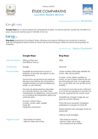Mathieu MOTTET


                                  étude comparative
                                      Location Based device

                                                                                                 DESCRIPTION



Google Maps est un service gratuit de cartographie en ligne. Ce service permet, à partir de l’échelle d’un
pays, de pouvoir zoomer jusqu’à l’échelle d’une rue.




Bing Maps (auparavant Live Search Maps, Windows Live Maps et Windows Live Local) est un service
web de cartographie faisant partie du moteur de recherche bing et utilisant le service de bing Maps for
Enterprise.

                                                                                     Tableau comparatif


                     Google Maps                                   Bing Maps

Date de création     2004 aux Etats-Unis                           2005
                     avril 2006 en France

Fondateur(s)         Google                                        Microsoft

Fonctionnalités      Possibilité de rechercher et suivre un        Cartes routières (affichage détaillé des
                     itinéraire, et de créer des signets sur des   routes, villes, lieux publics)
                     emplacements.
                                                                   3 cartes : route, aérien (satellite ou
                     Une fonction de recherche est présente,       avion), et vue d’oiseau (permet de voir
                     elle peut aussi afficher des informations     les immeubles pris avec un angle assez
                     supplémentaires (numéro de téléphone          bas, ce qui offre une vue de très bonne
                     public, ou site internet).                    qualité).

                     Fonction de géolocalisation disponible        Les tracés et noms des routes s’effacent
                     sur certaines versions, qui utilise, selon    si on ne fait rien pendant un moment sur
                     l’équipement du téléphone, une puce GPS       la carte, augmentant le confort visuel.
                     ou un système de triangulation grâce aux
                     antennes GSM.                                 Possibilité de changer l’angle de vue
                                                                   (pour les centres urbains).
                     Fonction « Street View »
                     3 cartes : routes, relief, satellite          Photo 3D (ceci necessite l’installation
                     Carte 3D                                      préalable d’un plugin) et Carte 3D
                     Intégration panorama
                                                                   Géolocalisation des messages Twitter en
                                                                   temps réel

                                                                   Utilise le mode Silverlight

Page d’accueil       - Très simple et intuitive                    - Très simple et intuitive
                     - Mise en valeur de la Map                    - Mise en valeur de la Map
                                                                   - Plus d’options et de critères
 