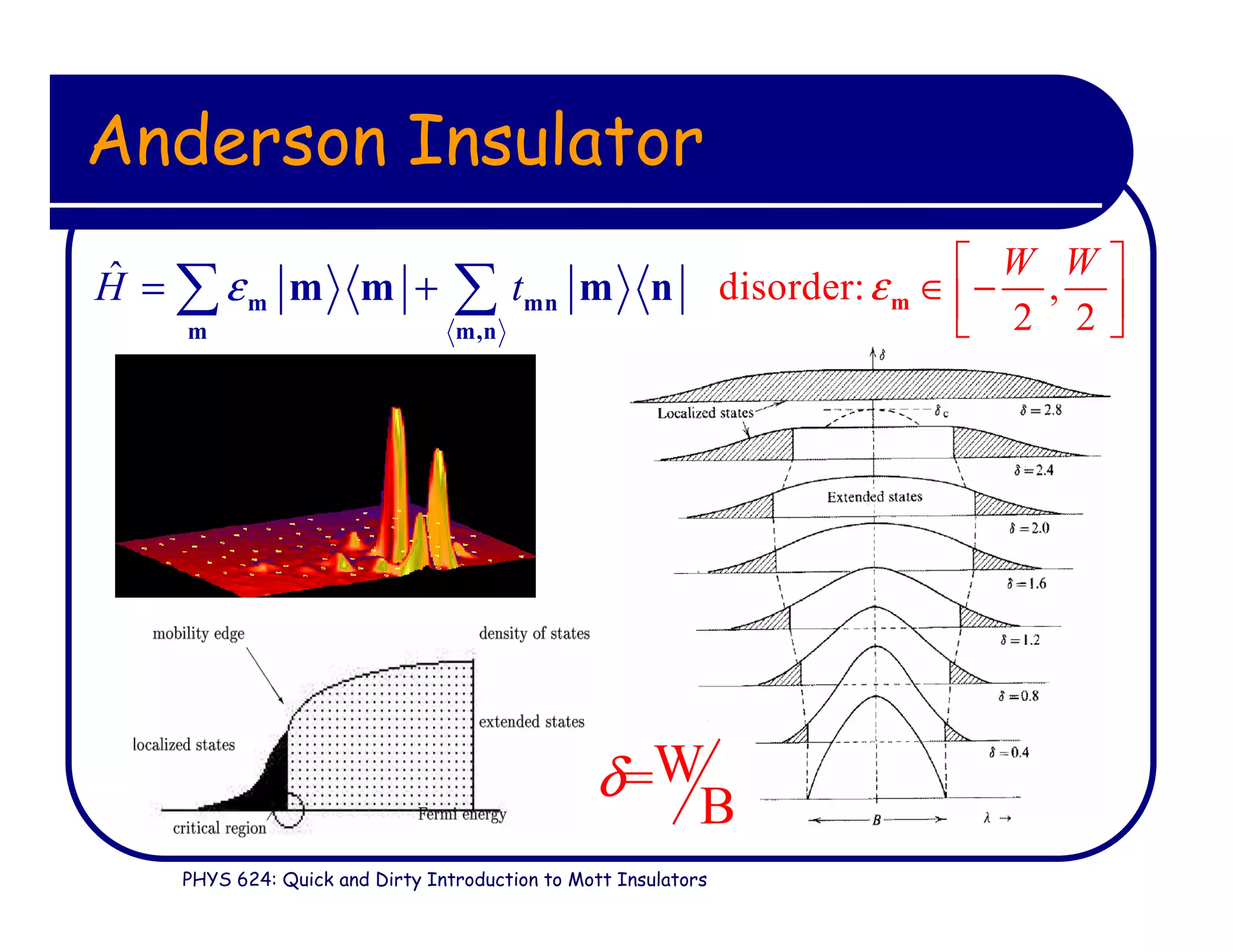PHYS 624: Quick and Dirty Introduction to Mott Insulators
Anderson Insulator
ˆH tε= +∑ ∑m mn
m m,n
m m m n
W=
B
δ
disorder: ,
2 2
W W
ε
 
∈ −  
m
 