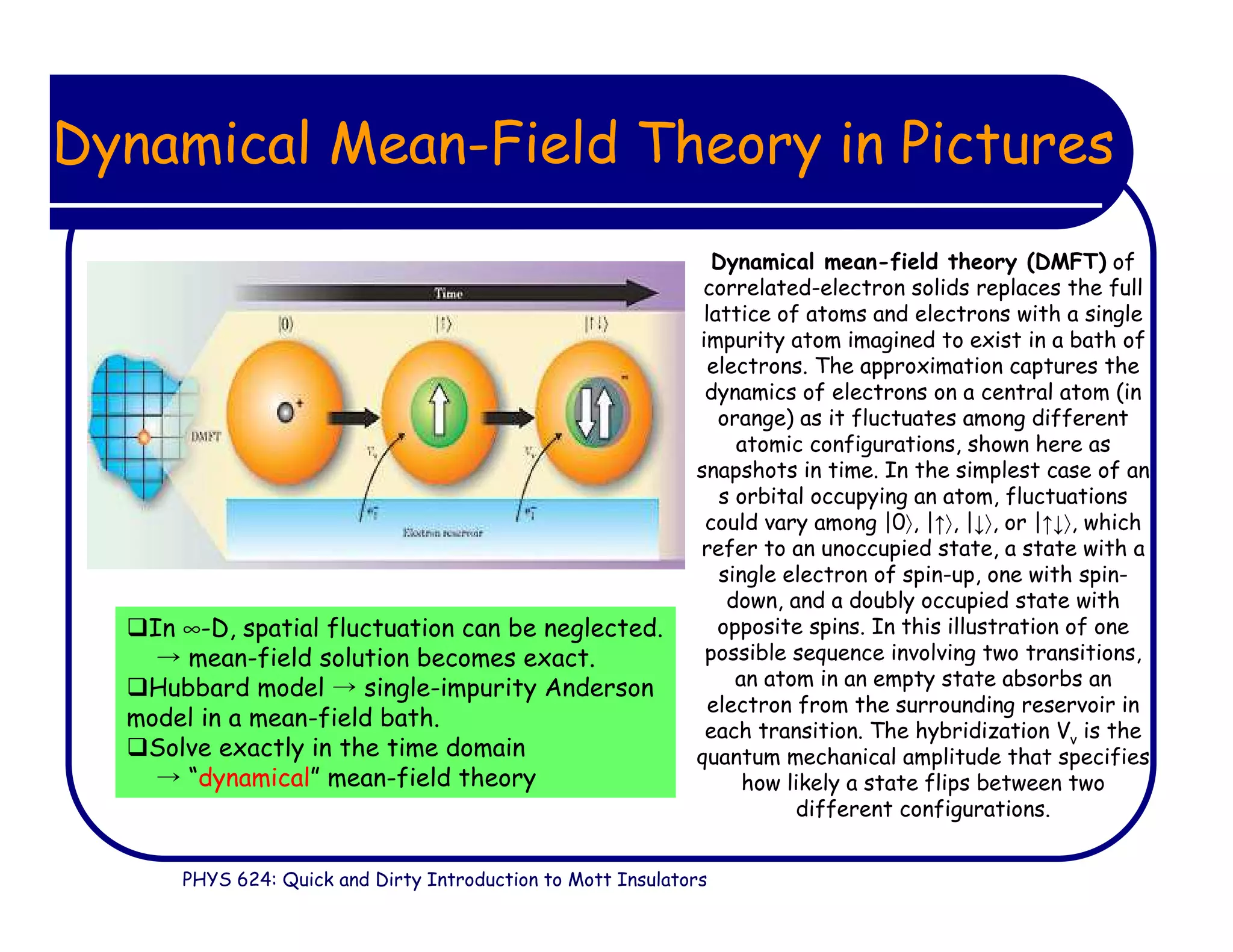 PHYS 624: Quick and Dirty Introduction to Mott Insulators
Dynamical Mean-Field Theory in Pictures
In ∞-D, spatial fluctuation can be neglected.
→ mean-field solution becomes exact.
Hubbard model → single-impurity Anderson
model in a mean-field bath.
Solve exactly in the time domain
→ “dynamical” mean-field theory
Dynamical mean-field theory (DMFT) of
correlated-electron solids replaces the full
lattice of atoms and electrons with a single
impurity atom imagined to exist in a bath of
electrons. The approximation captures the
dynamics of electrons on a central atom (in
orange) as it fluctuates among different
atomic configurations, shown here as
snapshots in time. In the simplest case of an
s orbital occupying an atom, fluctuations
could vary among |0〉, |
↑
〉, |
↓
〉, or |
↑
↓
〉, which
refer to an unoccupied state, a state with a
single electron of spin-up, one with spin-
down, and a doubly occupied state with
opposite spins. In this illustration of one
possible sequence involving two transitions,
an atom in an empty state absorbs an
electron from the surrounding reservoir in
each transition. The hybridization Vν is the
quantum mechanical amplitude that specifies
how likely a state flips between two
different configurations.
 