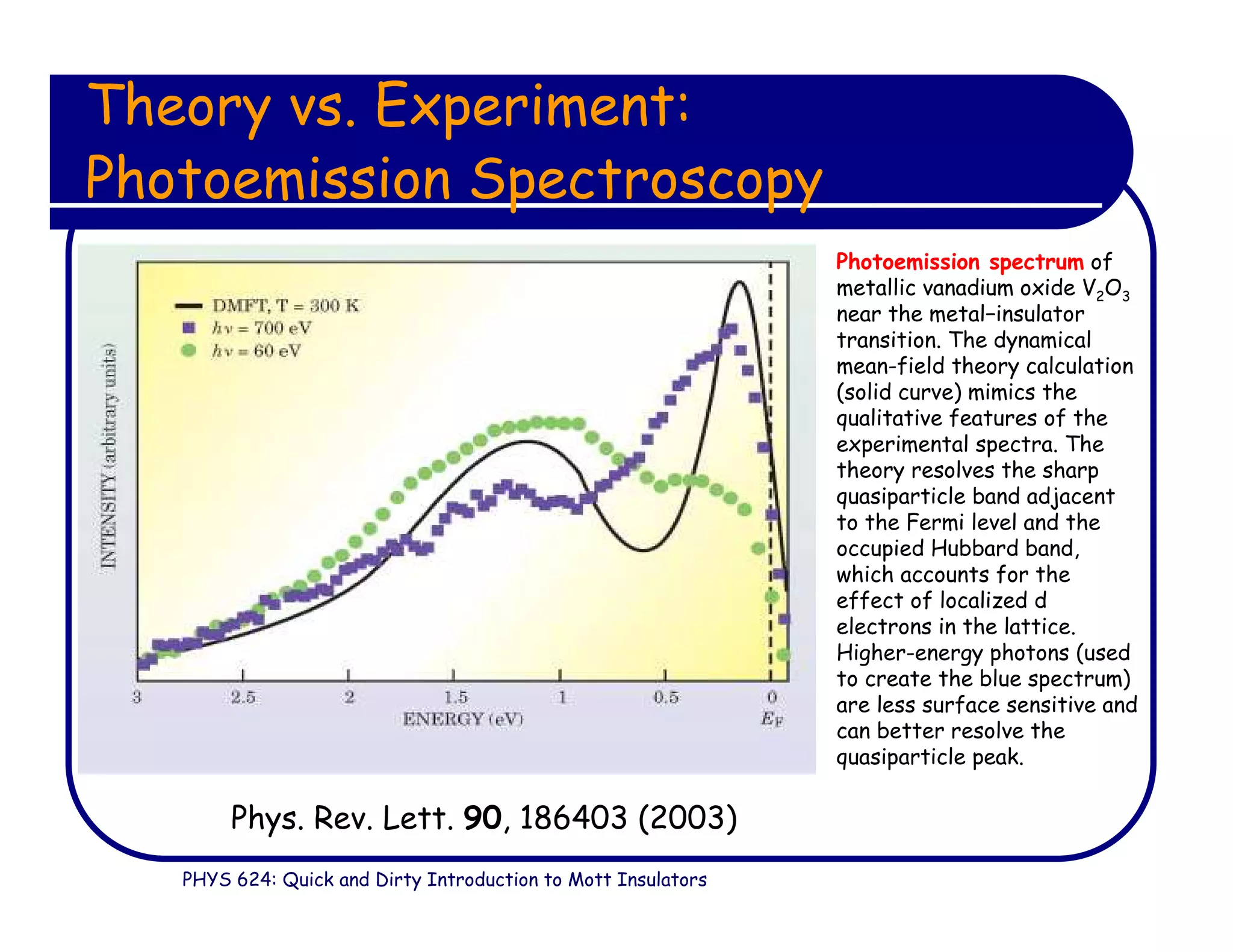 PHYS 624: Quick and Dirty Introduction to Mott Insulators
Theory vs. Experiment:
Photoemission Spectroscopy
Photoemission spectrum of
metallic vanadium oxide V2O3
near the metal−insulator
transition. The dynamical
mean-field theory calculation
(solid curve) mimics the
qualitative features of the
experimental spectra. The
theory resolves the sharp
quasiparticle band adjacent
to the Fermi level and the
occupied Hubbard band,
which accounts for the
effect of localized d
electrons in the lattice.
Higher-energy photons (used
to create the blue spectrum)
are less surface sensitive and
can better resolve the
quasiparticle peak.
Phys. Rev. Lett. 90, 186403 (2003)
 