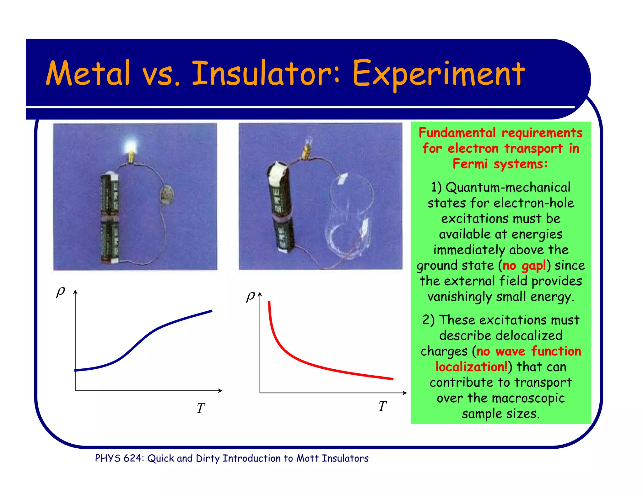 PHYS 624: Quick and Dirty Introduction to Mott Insulators
Metal vs. Insulator: Experiment
T
ρ
T
ρ
Fundamental requirements
for electron transport in
Fermi systems:
1) Quantum-mechanical
states for electron-hole
excitations must be
available at energies
immediately above the
ground state (no gap!) since
the external field provides
vanishingly small energy.
2) These excitations must
describe delocalized
charges (no wave function
localization!) that can
contribute to transport
over the macroscopic
sample sizes.
 