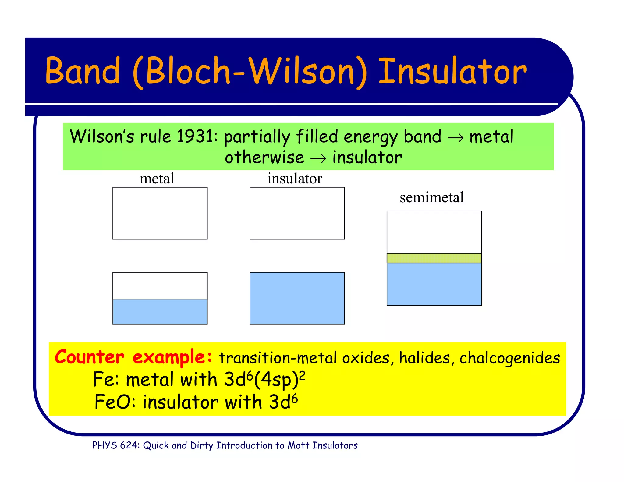 PHYS 624: Quick and Dirty Introduction to Mott Insulators
Band (Bloch-Wilson) Insulator
Wilson’s rule 1931: partially filled energy band → metal
otherwise → insulator
metal insulator
semimetal
Counter example: transition-metal oxides, halides, chalcogenides
Fe: metal with 3d6(4sp)2
FeO: insulator with 3d6
 