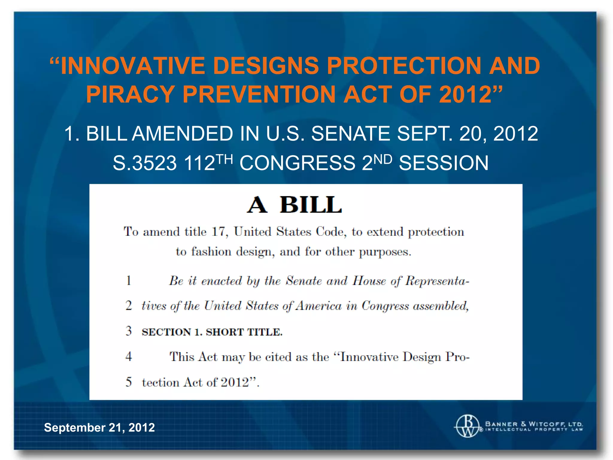 US Fashion Design Law 2012 Update PPT