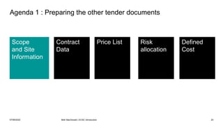Agenda 1 : Preparing the other tender documents
Scope
and Site
Information
Contract
Data
Risk
allocation
Defined
Cost
Price List
07/06/2022 Mott MacDonald | ECSC Introduction 20
 