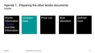 Agenda 1 : Preparing the other tender documents
Subtitle
Works
Information
(Scope)
and Site
Information
Contract
Data
Risk
allocation
Defined
Cost
Price List
07/06/2022 Mott MacDonald | ECSC Introduction 25
 