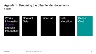 Agenda 1 : Preparing the other tender documents
Subtitle
Works
Information
(Scope)
and Site
Information
Contract
Data
Risk
allocation
Defined
Cost
Price List
07/06/2022 Mott MacDonald | ECSC Introduction 35
 