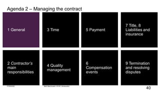 40
1 General
2 Contractor’s
main
responsibilities
4 Quality
management
3 Time
9 Termination
and resolving
disputes
5 Payment
6
Compensation
events
7 Title, 8
Liabilities and
insurance
Agenda 2 – Managing the contract
07/06/2022 Mott MacDonald | ECSC Introduction
 