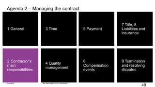 49
1 General
2 Contractor’s
main
responsibilities
4 Quality
management
3 Time
9 Termination
and resolving
disputes
5 Payment
6
Compensation
events
7 Title, 8
Liabilities and
insurance
Agenda 2 – Managing the contract
07/06/2022 Mott MacDonald | ECSC Introduction
 