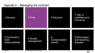 52
1 General
2 Contractor’s
main
responsibilities
4 Quality
management
3 Time
9 Termination
and resolving
disputes
5 Payment
6
Compensation
events
7 Title, 8
Liabilities and
insurance
Agenda 2 – Managing the contract
07/06/2022 Mott MacDonald | ECSC Introduction
 