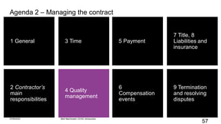57
1 General
2 Contractor’s
main
responsibilities
4 Quality
management
3 Time
9 Termination
and resolving
disputes
5 Payment
6
Compensation
events
7 Title, 8
Liabilities and
insurance
Agenda 2 – Managing the contract
07/06/2022 Mott MacDonald | ECSC Introduction
 