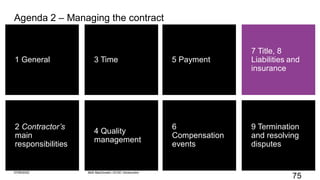 75
1 General
2 Contractor’s
main
responsibilities
4 Quality
management
3 Time
9 Termination
and resolving
disputes
5 Payment
6
Compensation
events
7 Title, 8
Liabilities and
insurance
Agenda 2 – Managing the contract
07/06/2022 Mott MacDonald | ECSC Introduction
 