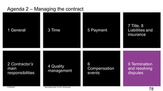 78
1 General
2 Contractor’s
main
responsibilities
4 Quality
management
3 Time
9 Termination
and resolving
disputes
5 Payment
6
Compensation
events
7 Title, 8
Liabilities and
insurance
Agenda 2 – Managing the contract
07/06/2022 Mott MacDonald | ECSC Introduction
 