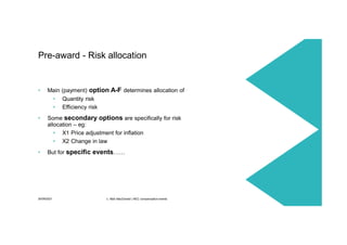 30/09/2021 c. Mott MacDonald | NEC compensation events 13
• Main (payment) option A-F determines allocation of
• Quantity risk
• Efficiency risk
• Some secondary options are specifically for risk
allocation – eg:
• X1 Price adjustment for inflation
• X2 Change in law
• But for specific events……
Pre-award - Risk allocation
 