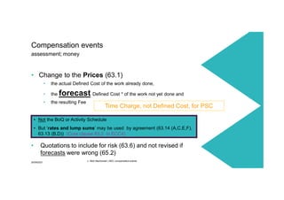 30/09/2021
c. Mott MacDonald | NEC compensation events
28
• Change to the Prices (63.1)
• the actual Defined Cost of the work already done,
• the forecast Defined Cost * of the work not yet done and
• the resulting Fee
Compensation events
assessment; money
• Quotations to include for risk (63.6) and not revised if
forecasts were wrong (65.2)
Time Charge, not Defined Cost, for PSC
• Not the BoQ or Activity Schedule
• But ‘rates and lump sums’ may be used by agreement (63.14 (A,C,E,F),
63.13 (B,D)) (Core clause 63.2 in ECC4)
 
