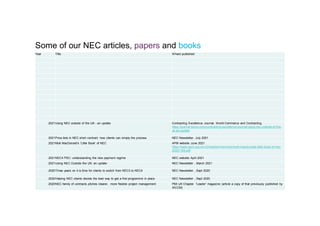 30/09/2021 Mott MacDonald | NEC articles 45
Some of our NEC articles, papers and books
Year Title Where published
2021Using NEC outside of the UK - an update Contracting Excellence Journal, World Commerce and Contracting
https://journal.iaccm.com/contracting-excellence-journal/using-nec-outside-of-the-
uk-an-update
2021Price lists in NEC short contract: how clients can simply the process NEC Newsletter, July 2021
2021Mott MacDonald's 'Little Book' of NEC APM website June 2021
https://www.apm.org.uk/v2/media/mmsnvhez/mott-macdonalds-little-book-of-nec-
20201105.pdf
2021NEC4 PSC: understanding the new payment regime NEC website April 2021
2021Using NEC Outside the UK: an update NEC Newsletter , March 2021
2020Three years on it is time for clients to switch from NEC3 to NEC4 NEC Newsletter , Sept 2020
2020Helping NEC clients decide the best way to get a first programme in place NEC Newsletter , Sept 2020
2020NEC family of contracts pitches clearer, more flexible project management PMI UK Chapter 'Leader' magazine (article a copy of that previously published by
IACCM)
 