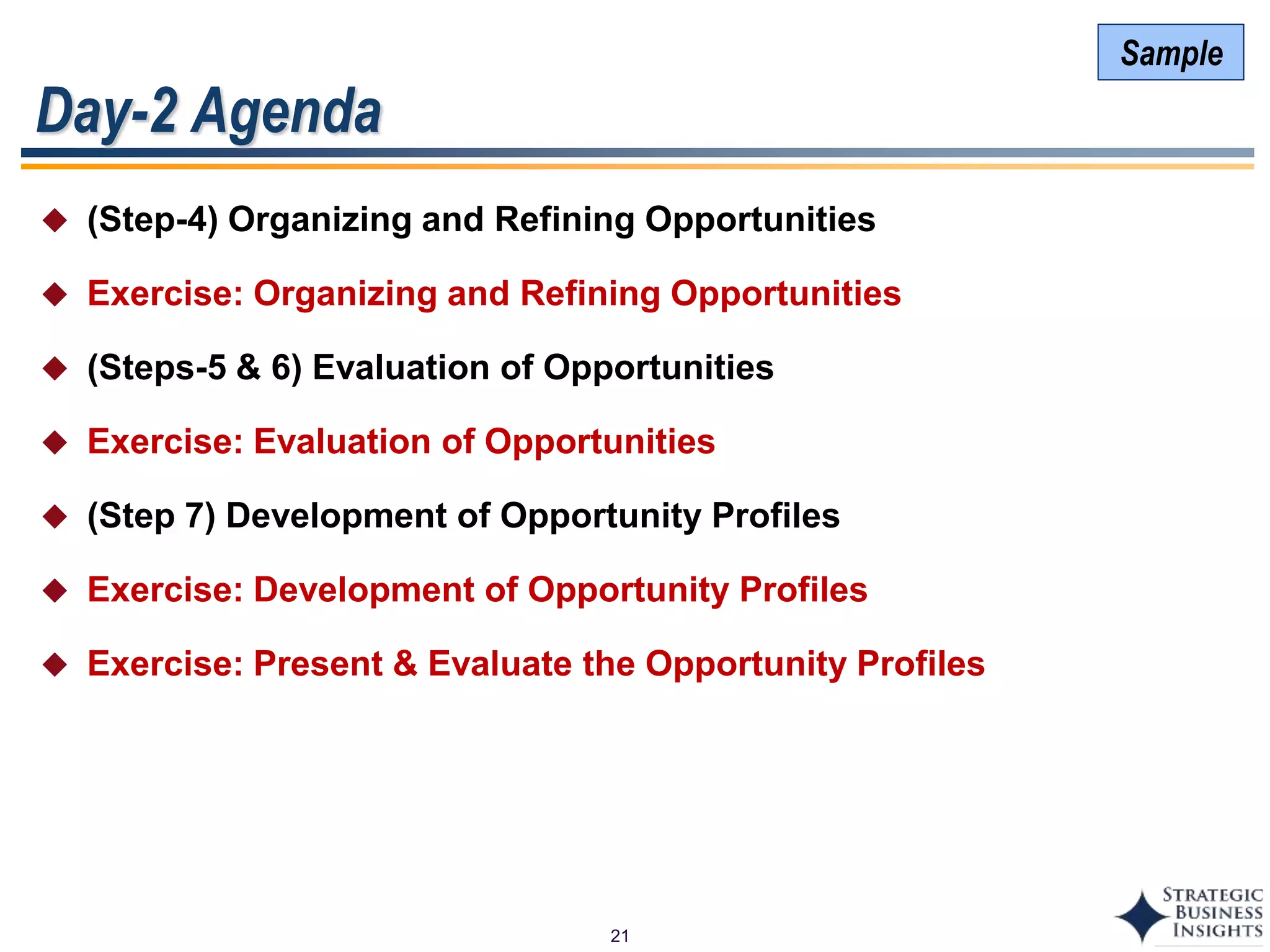 21
Day-2 Agenda
 (Step-4) Organizing and Refining Opportunities
 Exercise: Organizing and Refining Opportunities
 (Steps-5 & 6) Evaluation of Opportunities
 Exercise: Evaluation of Opportunities
 (Step 7) Development of Opportunity Profiles
 Exercise: Development of Opportunity Profiles
 Exercise: Present & Evaluate the Opportunity Profiles
Sample
 