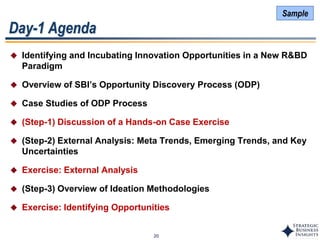 20
Day-1 Agenda
 Identifying and Incubating Innovation Opportunities in a New R&BD
Paradigm
 Overview of SBI’s Opportunity Discovery Process (ODP)
 Case Studies of ODP Process
 (Step-1) Discussion of a Hands-on Case Exercise
 (Step-2) External Analysis: Meta Trends, Emerging Trends, and Key
Uncertainties
 Exercise: External Analysis
 (Step-3) Overview of Ideation Methodologies
 Exercise: Identifying Opportunities
Sample
 