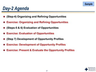 21
Day-2 Agenda
 (Step-4) Organizing and Refining Opportunities
 Exercise: Organizing and Refining Opportunities
 (Steps-5 & 6) Evaluation of Opportunities
 Exercise: Evaluation of Opportunities
 (Step 7) Development of Opportunity Profiles
 Exercise: Development of Opportunity Profiles
 Exercise: Present & Evaluate the Opportunity Profiles
Sample
 