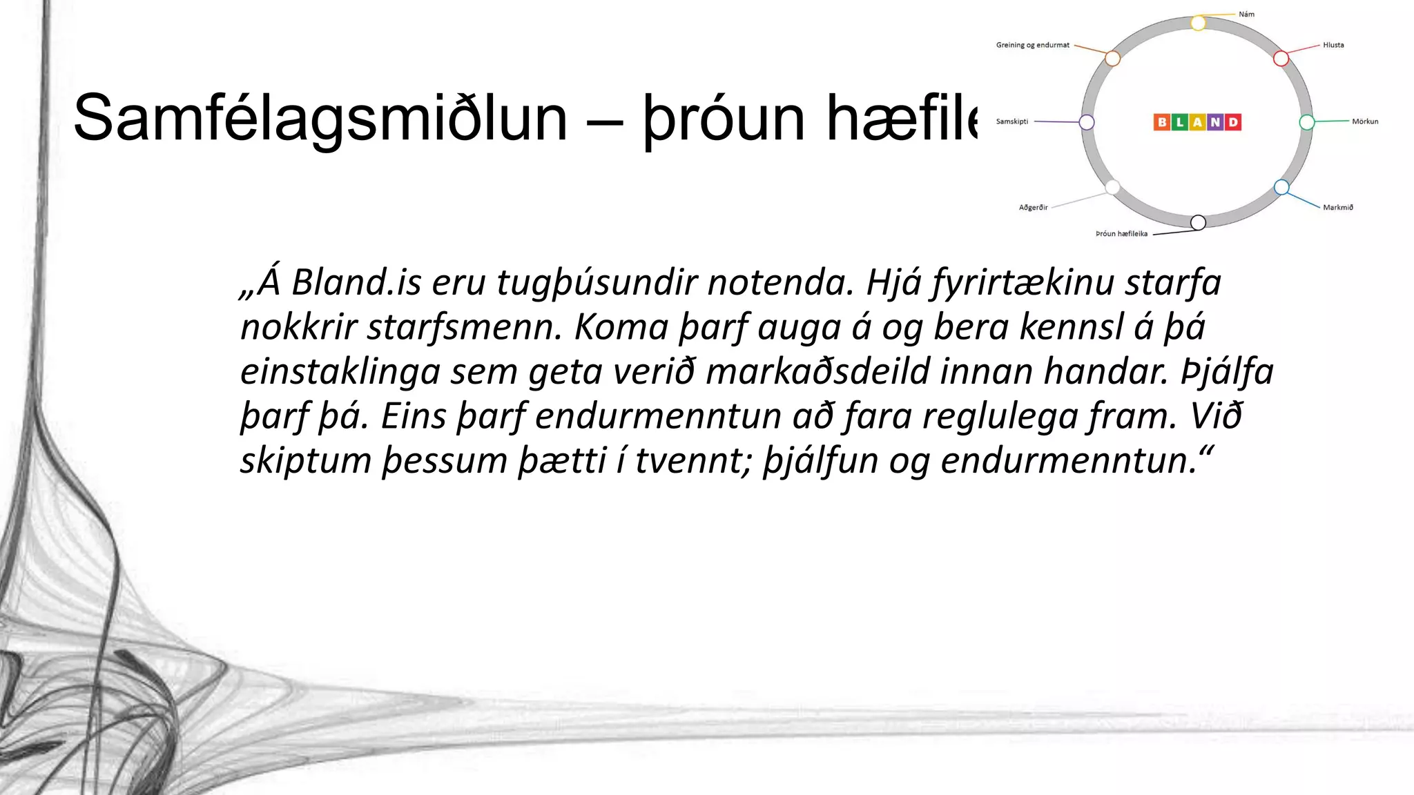 Samfélagsmiðlun – þróun hæfileika
„Á Bland.is eru tugþúsundir notenda. Hjá fyrirtækinu starfa
nokkrir starfsmenn. Koma þarf auga á og bera kennsl á þá
einstaklinga sem geta verið markaðsdeild innan handar. Þjálfa
þarf þá. Eins þarf endurmenntun að fara reglulega fram. Við
skiptum þessum þætti í tvennt; þjálfun og endurmenntun.“
 