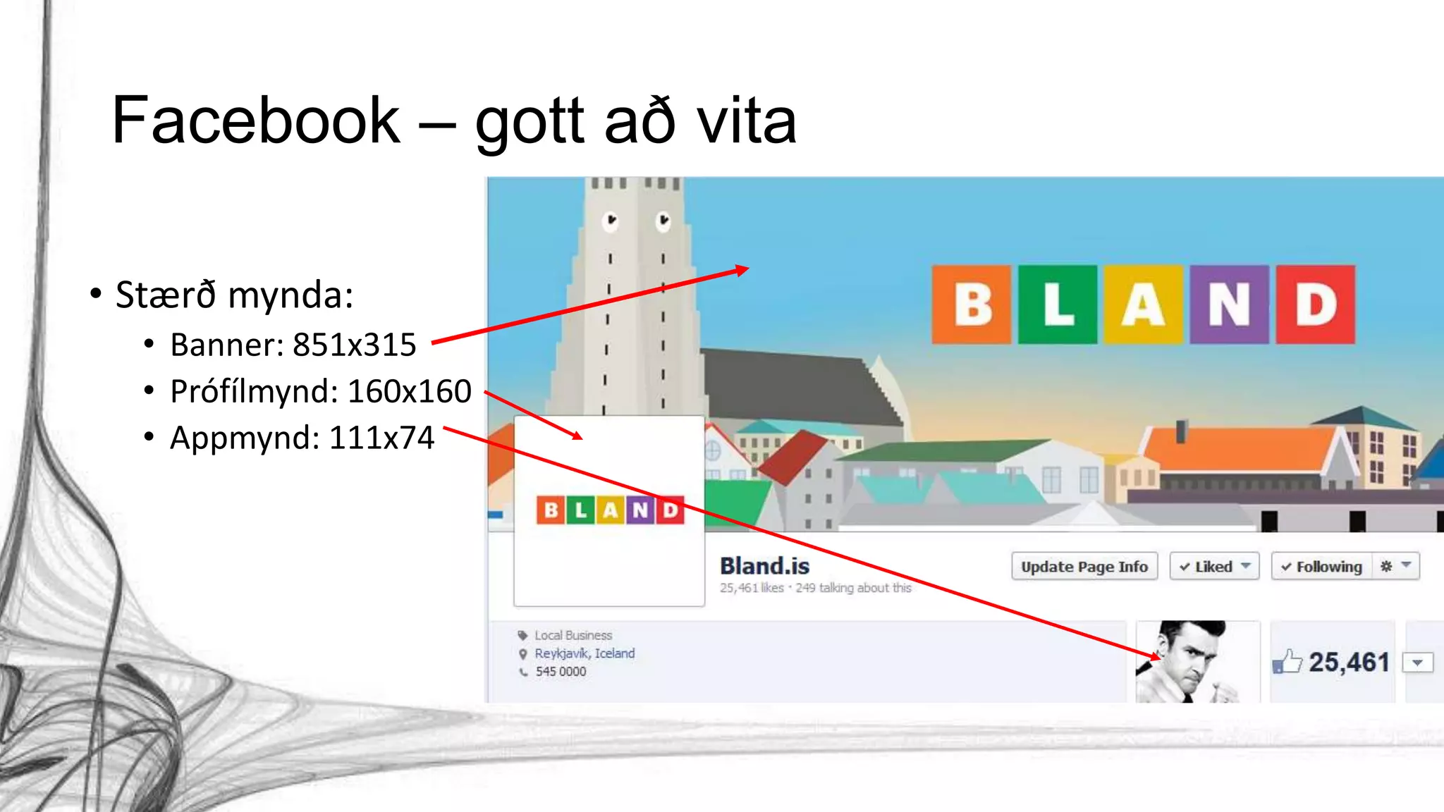 Facebook – gott að vita
• Stærð mynda:
• Banner: 851x315
• Prófílmynd: 160x160
• Appmynd: 111x74
 