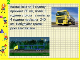 Вантажівка за 1 годину
проїхала 80 км, потім 2
години стояла , а потім за
4 години проїхала 240
км. Побудуйте графік
руху вантажівки.
 