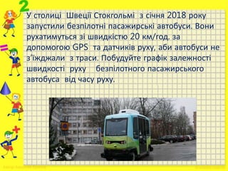 У столиці Швеції Стокгольмі з січня 2018 року
запустили безпілотні пасажирські автобуси. Вони
рухатимуться зі швидкістю 20 км/год. за
допомогою GPS та датчиків руху, аби автобуси не
з’їжджали з траси. Побудуйте графік залежності
швидкості руху безпілотного пасажирського
автобуса від часу руху.
 