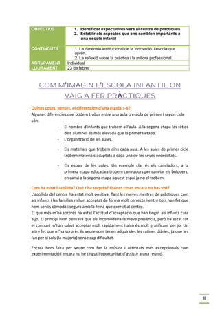 OBJECTIUS               1. Identificar expectatives vers el centre de practiques
                        2. Establir els aspectes que ens semblen importants a
                           una escola infantil

CONTINGUTS              1. La dimensió institucional de la innovació: l’escola que
                        aprèn.
                        2. La reflexió sobre la pràctica i la millora professional.
AGRUPAMENT          Individual
LLIURAMENT          23 de febrer



    COM M’IMAGIN L’ESCOLA INFANTIL ON
                  VAIG A FER PRÀCTIQUES
Quines coses, penses, el diferencien d’una escola 3-6?
Algunes diferències que podem trobar entre una aula o escola de primer i segon cicle
són:
              - El nombre d’infants que trobem a l’aula. A la segona etapa les ràtios
                  dels alumnes és més elevada que la primera etapa.
              - L’organització de les aules.

              -   Els materials que trobem dins cada aula. A les aules de primer cicle
                  trobem materials adaptats a cada una de les seves necessitats.

              -   Els espais de les aules. Un exemple clar és els canviadors, a la
                  primera etapa educativa trobem canviadors per canviar els bolquers,
                  en canvi a la segona etapa aquest espai ja no el trobem.

Com ha estat l’acollida? Què t’ha sorprès? Quines coses encara no has vist?
L’acollida del centre ha estat molt positiva. Tant les meves mestres de pràctiques com
als infants i les famílies m’han acceptat de forma molt correcte i entre tots han fet que
hem sentis còmoda i segura amb la feina que exercit al centre.
El que més m’ha sorprès ha estat l’actitud d’acceptació que han tingut als infants cara
a jo. El principi hem pensava que els incomodaria la meva presència, però ha estat tot
el contrari m’han sabut acceptar molt ràpidament i això és molt gratificant per jo. Un
altre fet que m’ha sorprès és veure com tenen adquirides les rutines diàries, ja que les
fan per si sols (la majoria) sense cap dificultat.

Encara hem falta per veure com fan la música i activitats més excepcionals com
experimentació i encara no he tingut l’oportunitat d’assistir a una reunió.




                                                                                            8
 
