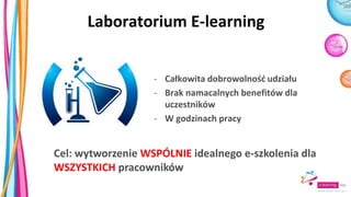 - Całkowita dobrowolność udziału
- Brak namacalnych benefitów dla
uczestników
- W godzinach pracy
Laboratorium E-learning
Cel: wytworzenie WSPÓLNIE idealnego e-szkolenia dla
WSZYSTKICH pracowników
 