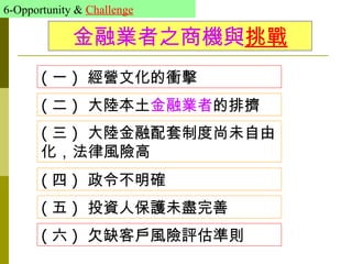 6-Opportunity & Challenge

             金融業者之商機與挑戰
       ( 一 ) 經營文化的衝擊
       ( 二 ) 大陸本土金融業者的排擠
       ( 三 ) 大陸金融配套制度尚未自由
       化，法律風險高
       ( 四 ) 政令不明確
       ( 五 ) 投資人保護未盡完善
       ( 六 ) 欠缺客戶風險評估準則
 