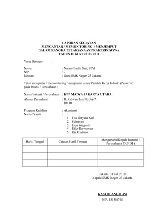 LAPORAN KEGIATAN
MENGANTAR / MEMONITORING / MENJEMPUT
DALAM RANGKA PELAKSANAAN PRAKERIN SISWA
TAHUN DIKLAT 2010 / 2011
Yang Bertugas :
Nama : Naomi Endah Sari, S.Pd
NIP : -
Jabatan : Guru SMK Negeri 23 Jakarta
Telah mengantar / memonitoring / menjemput siswa Praktek Kerja Industri (Prakerin)
pada Intansi / Perusahaan :
Nama Instansi / Perusahaan : KPP MADYA JAKARTA UTARA
Alamat Perusahaan : Jl. Ridwan Rais No.5A-7
10110
Program Keahlian : Akuntansi
Nama Peserta :
1. Fita Listyana Sari
2. Suinawati
3. Eren Sriagusti
4. Ekky Darmawan
5. Ria Cristiana
Hari / Tanggal Catatan Hasil Temuan
Mengertahui Kepala Instansi /
Perusahaan ( DU/ DI )
Jakarta, 31 Juli 2010
Kepala SMK Negeri 23 Jakarta
KASTOLANI, M .Pd
NIP. 131386768
 