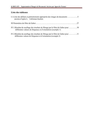 K.MOUATS - Segmentation d’Images de Documents Anciens par Approche Texture


Liste des tableaux
I.1.Liste des défauts et prétraitements appropriés des images de documents …………….5
     anciens d’après L. Likfoman-Suelem

III Paramètres du filtre de Gabor…………………………………………………………27

IV.1.Résultat du seuillage des résultats de filtrage par le filtre de Gabor pour ………….30
     différentes valeurs de fréquence et d’orientation (exemple 1)

IV.2.Résultat du seuillage des résultats de filtrage par le filtre de Gabor pour ………….31
     différentes valeurs de fréquence et d’orientation (exemple 2)




Laboratoire L3i – Université de La Rochelle                                          Page 4
 