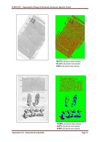 K.MOUATS - Segmentation d’Images de Documents Anciens par Approche Texture




                                                       98.75% de pixels bien classés
                                                       01.21% de pixels mal classés
                                                       0.04% de pixels non classés




                                                        93.08% de pixels bien classés
                                                        6.02% de pixels mal classés
                                                        0.90% de pixels non classés
Laboratoire L3i – Université de La Rochelle                                             Page 61
 