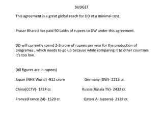BUDGET
This agreement is a great global reach for DD at a minimal cost.
Prasar Bharati has paid 90 Lakhs of rupees to DW under this agreement.
DD will currently spend 2-3 crore of rupees per year for the production of
programes , which needs to go up because while comparing it to other countries
it's too low.
(All figures are in rupees)
Japan (NHK World) -912 crore Germany (DW)- 2213 cr.
China(CCTV)- 1824 cr. Russia(Russia TV)- 2432 cr.
France(France 24)- 1520 cr. Qatar( Al Jazeera)- 2128 cr.
 