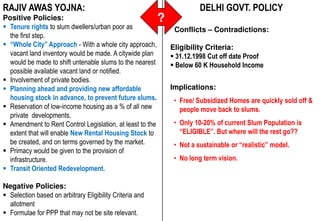 RAJIV AWAS YOJNA:                                                        DELHI GOVT. POLICY
Positive Policies:                                         ?
  Tenure rights to slum dwellers/urban poor as                  Conflicts – Contradictions:
  the first step.
  “Whole City” Approach - With a whole city approach,          Eligibility Criteria:
  vacant land inventory would be made. A citywide plan          31.12.1998 Cut off date Proof
  would be made to shift untenable slums to the nearest         Below 60 K Household Income
  possible available vacant land or notified.
  Involvement of private bodies.
  Planning ahead and providing new affordable                  Implications:
  housing stock in advance, to prevent future slums.            • Free/ Subsidized Homes are quickly sold off &
  Reservation of low-income housing as a % of all new             people move back to slums.
  private developments.
  Amendment to Rent Control Legislation, at least to the        • Only 10-20% of current Slum Population is
  extent that will enable New Rental Housing Stock to             “ELIGIBLE”. But where will the rest go??
  be created, and on terms governed by the market.              • Not a sustainable or “realistic” model.
  Primacy would be given to the provision of
  infrastructure.                                               • No long term vision.
  Transit Oriented Redevelopment.

Negative Policies:
   Selection based on arbitrary Eligibility Criteria and
   allotment
Source:
   Formulae for PPP that may not be site relevant.
Consultant, MCD Slum & JJ Dept. 2010
 