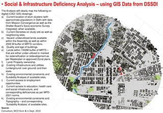 • Social & Infrastructure Deficiency Analysis – using GIS Data from DSSDI
The Analysis will clearly map the following on
digital (CAD/ GIS) drawings:
a) Current location of slum clusters (with
     approximate population) in Delhi with data
     from Mission Convergence as well as the
     Shelter Board’s Socio-economic Survey
     integrated, when available.
b) Current Densities on study site as well as
     neighboring sites.
c) Vacant/ underutilized lands available
     within the Assembly as well as within
     2000 M buffer of MRTS corridors.
d) Quality and age of buildings
e) Lands within 1500M buffer of MRTS –
     that are either under-utilized or marked
     for redensification or redevelopment as
     per Masterplan or approved Zonal plans.
f) Land/ Property ownership.
g) Existing infrastructure and utilities
     (underground/ over ground) and their
     state.
h) Existing environmental constraints and
     Suitability Analysis of available sites.
i) Current access to employment
     opportunities
j) Current access to education, health care
     and social infrastructure, and
     corresponding deficiencies as per MPD-
     2021 norms.
k) Existing environmental constraints and
     Topography – and corresponding
     ‘Suitability Analysis’ of available sites.
Source:
Consultant, MCD Slum & JJ Dept. 2010
 